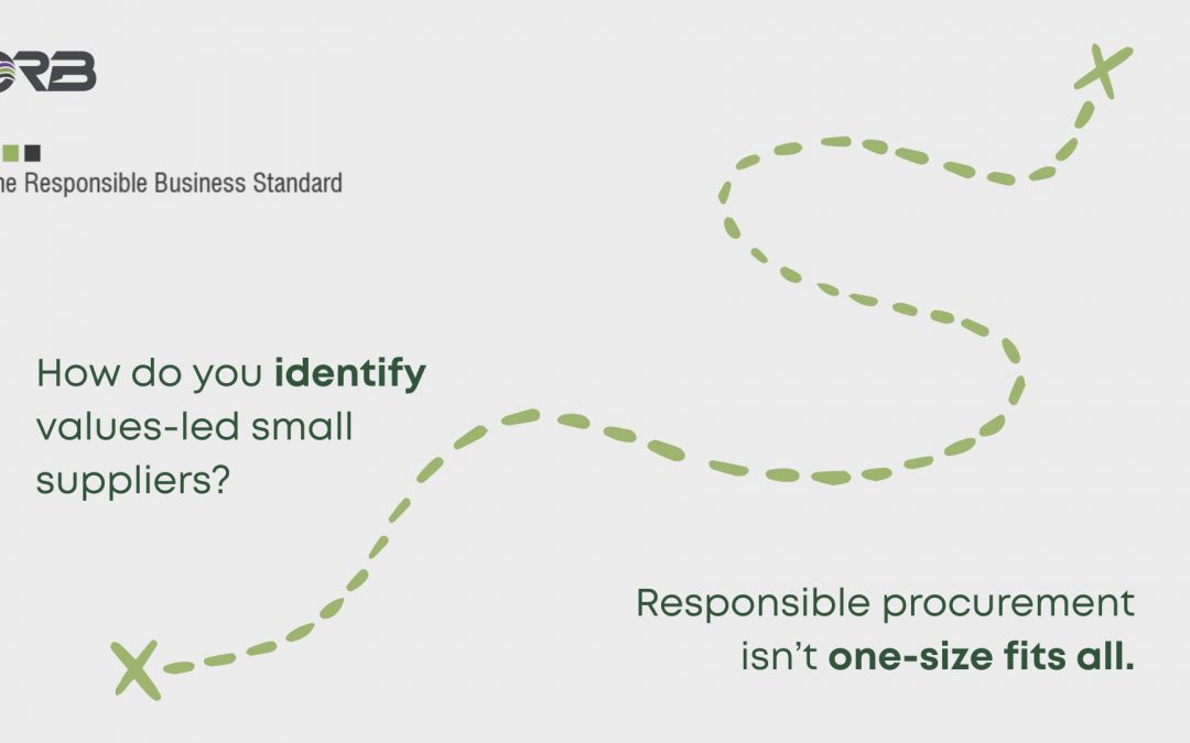 Featured graphic for The Responsible Business Standard showing a winding green dotted path across a white background with the headline, "How do you identify values-led small suppliers?" and the message, "Responsible procurement isn't one-size fits all." This relates to the problem of identifying social value in small business supply chains.